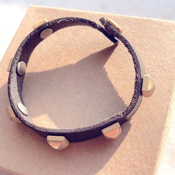 Original Vita Fede Black Leather Gold Rhombus Pyramid Spike Studded Bracelet